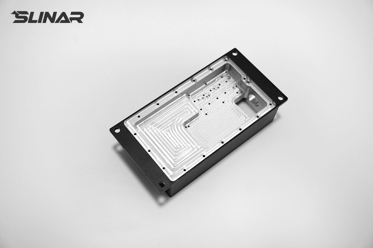 7075 aluminum semiconductor cavity component with two-tone natural and black anodized finish