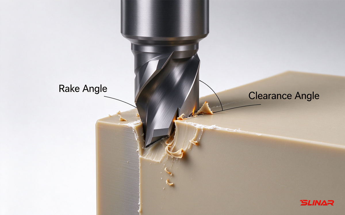Large positive rake and large clearance are the baseline for PEEK tooling